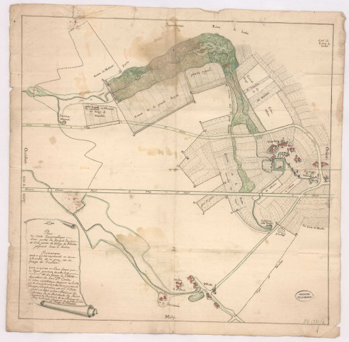 Plan et carte topographique d'une partie du finage de Vauclair (Vauclerc) et d'une partie du finage de Villotte joignant l'une à l'autre (1728)