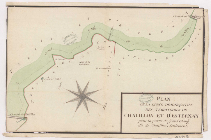 Plan de la ligne démarquative des territoires de Chatillon et d'Esternay pour la partie du grand étang dit de Chatillon, an VIII.