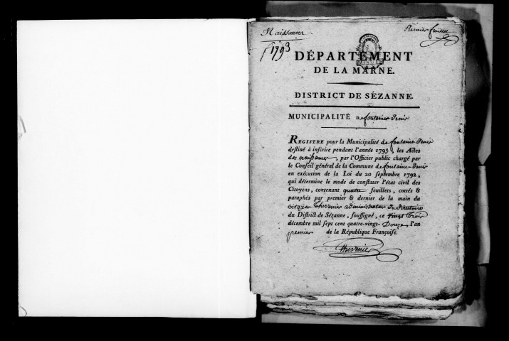 Fontaine-Denis. Naissances, publications de mariage, mariages, décès 1793-an X