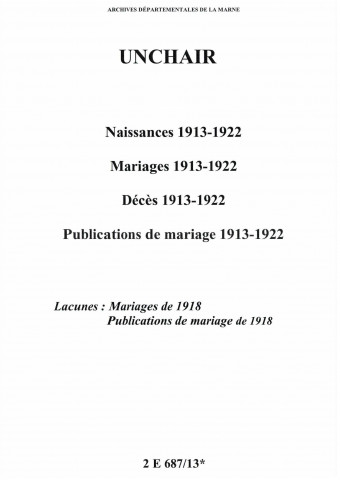Unchair. Naissances, mariages, décès, publications de mariage 1913-1922