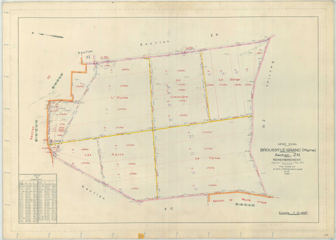 Broussy-le-Grand (51090). Section ZN échelle 1/2000, plan remembré pour 01/01/1969, régulier avant 20/03/1980 (papier armé)