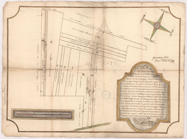 Abbaye de Saint-Pierre d'Hauvillers. Plan et arpentage des terres contentieuses de la cense d'Asfeld, 1722.