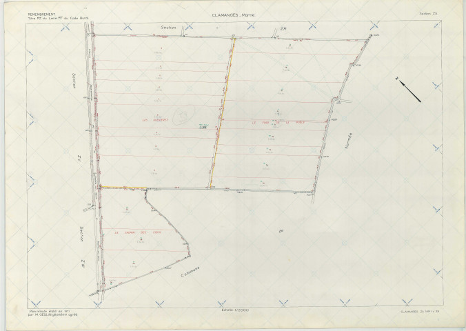 Clamanges (51154). Section ZS échelle 1/2000, plan remembré pour 1971, plan régulier (papier armé)