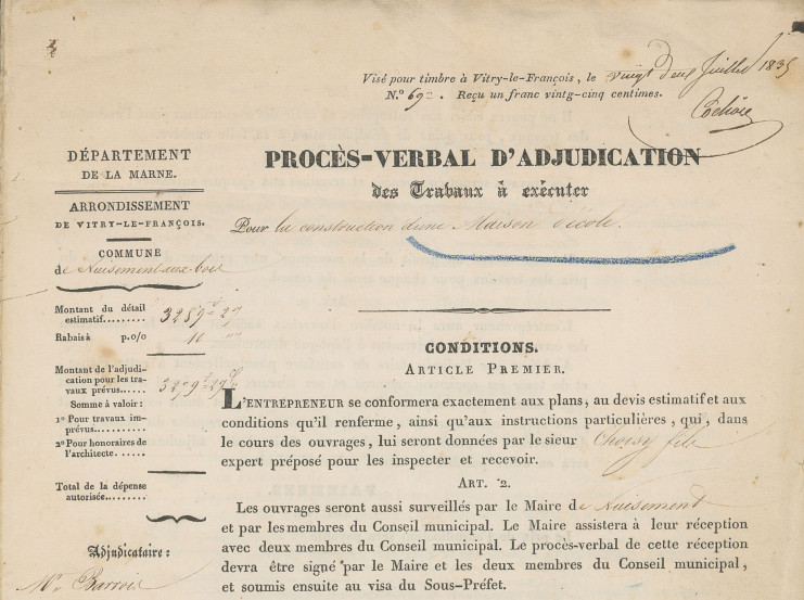 Extrait du procès-verbal d'adjudication des travaux à exécuter pour la construction de l'école de Nuisement-aux-Bois, 1835 (Archives de la Marne, 2 O 2986).