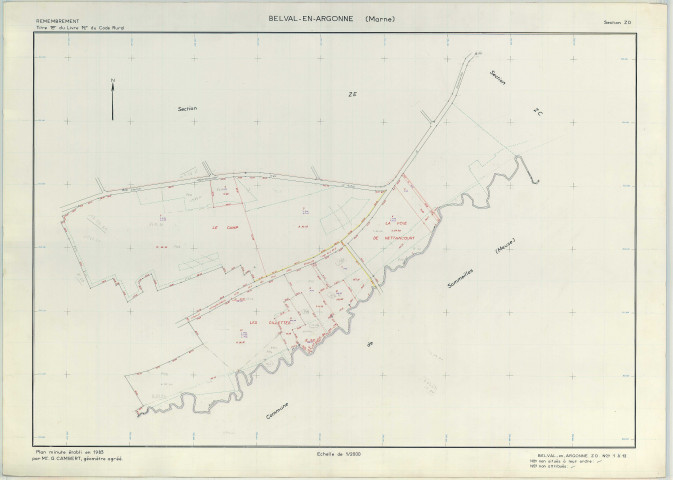 Belval-en-Argonne (51047). Section ZD échelle 1/2000, plan remembré pour 1983, plan régulier (papier armé)