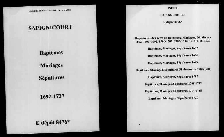 Sapignicourt. Baptêmes, mariages, sépultures 1692-1727