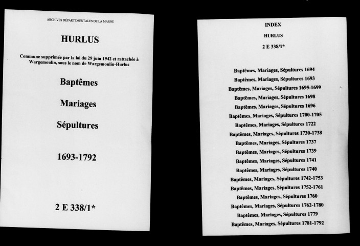 Hurlus. Baptêmes, mariages, sépultures 1694-1792
