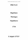 Prunay. Baptêmes, mariages, sépultures 1734