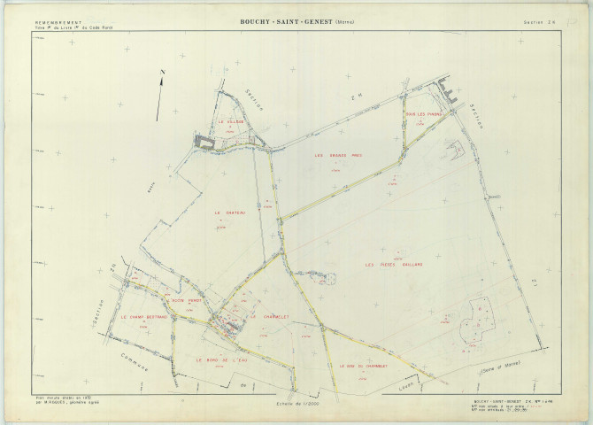 Bouchy-Saint-Genest (51071). Section ZK échelle 1/2000, plan remembré pour 01/01/1972, régulier avant 20/03/1980 (papier armé)