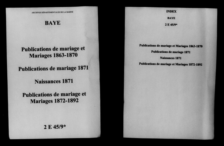 Baye. Publications de mariage, mariages, naissances 1863-1892
