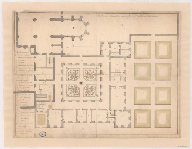 Abbaye de Huiron. Plan du rez-de-chaussée du nouveau batiment de Huiron dressé en 1714.