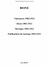 Beine. Naissances, décès, mariages, publications de mariage 1903-1912