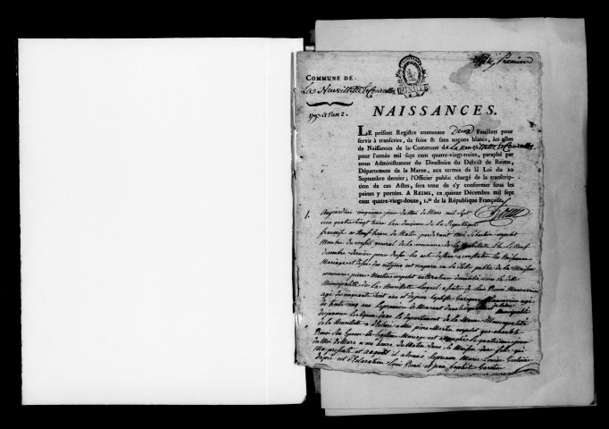 Neuvillette (La). Naissances, publications de mariage, mariages, décès 1793-an X
