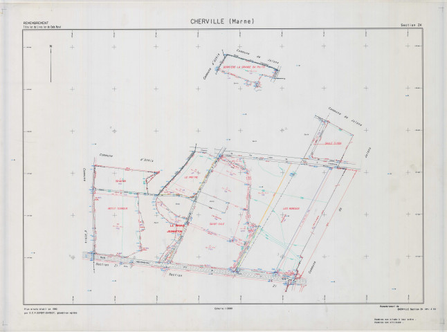 Cherville (51150). Section ZK échelle 1/2000, plan remembré pour 1990, plan régulier (calque)