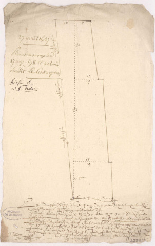 Domaine de Brugny. Plan mesurage de bois lieu-dit Les Cent Arpens, 27 avril 1727.