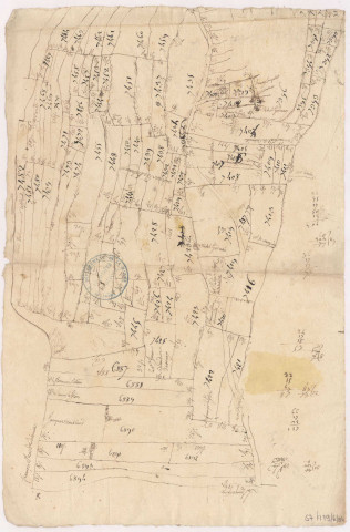 Plan du bourg et terroir d'Avenay seigneurie appartenant à Mesdames Abbesse et Religieuses de l'abbaye Royale de Saint Pierre dudit Avenay, fin XVIIIème. Brouillon sans titre de l'arpentage du terroir d'Avenay. Parcelles n° 6894 à 7482.