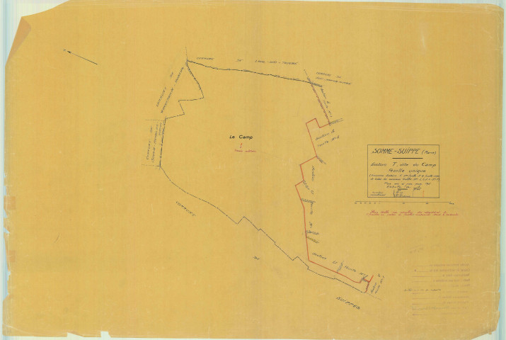 Somme-Suippe (51546). Section T échelle 1/10000, plan mis à jour pour 1957 (ancienne section F3, G1 et parties des anciennes sections F1, F2 et F4), plan non régulier (calque)
