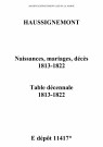 Haussignémont. Naissances, mariages, décès et tables décennales des naissances, mariages, décès 1813-1822