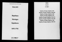 Malmy. Baptêmes, mariages, sépultures 1692-1792