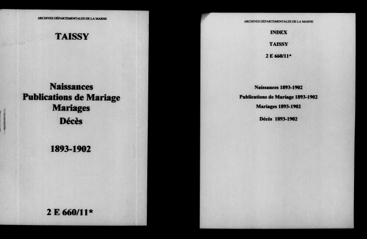 Taissy. Naissances, publications de mariage, mariages, décès 1893-1902