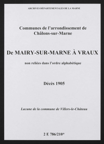 Communes de Mairy-sur-Marne à Vraux de l'arrondissement de Châlons. Décès 1905
