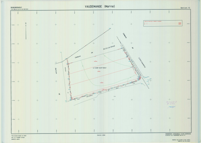 Vaudemange (51599). Section YC échelle 1/2000, plan remembré pour 2004, plan régulier (calque)