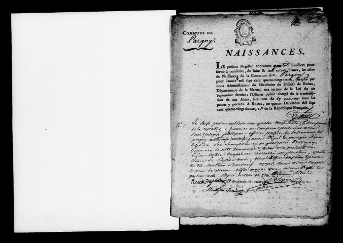 Pargny. Naissances, mariages, décès, publications de mariage 1793-an X