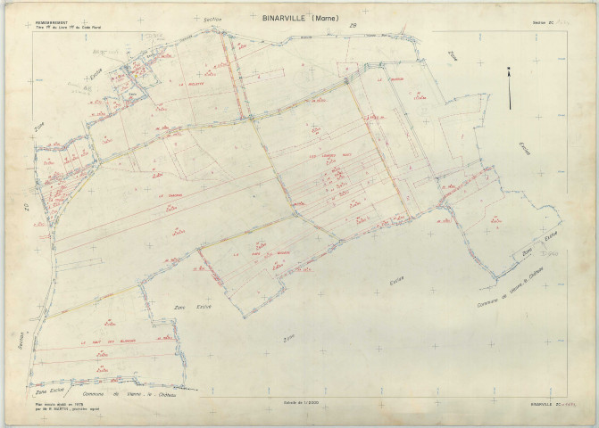 Binarville (51062). Section ZC échelle 1/2000, plan remembré pour 1975, plan régulier (papier armé)