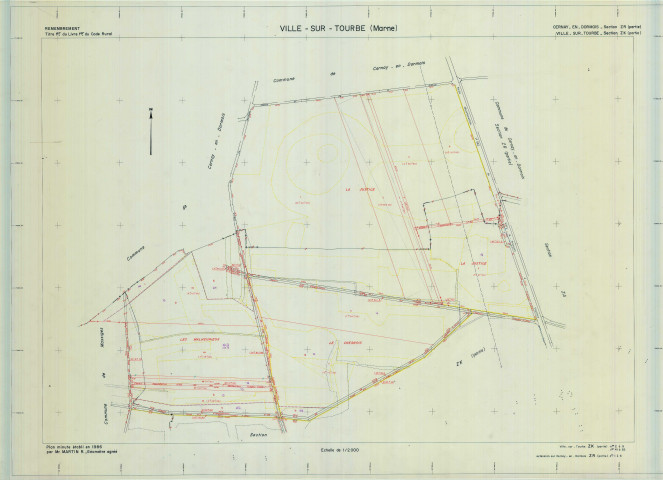 Ville-sur-Tourbe (51640). Section ZK 2 échelle 1/2000, plan remembré pour 1986 (extension sur section ZC et sur Cernay- en-Dormois section ZR), plan régulier (calque)