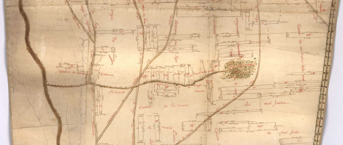 Plan concernant les propriétés de la cense de Courmelois, XVIIIè.