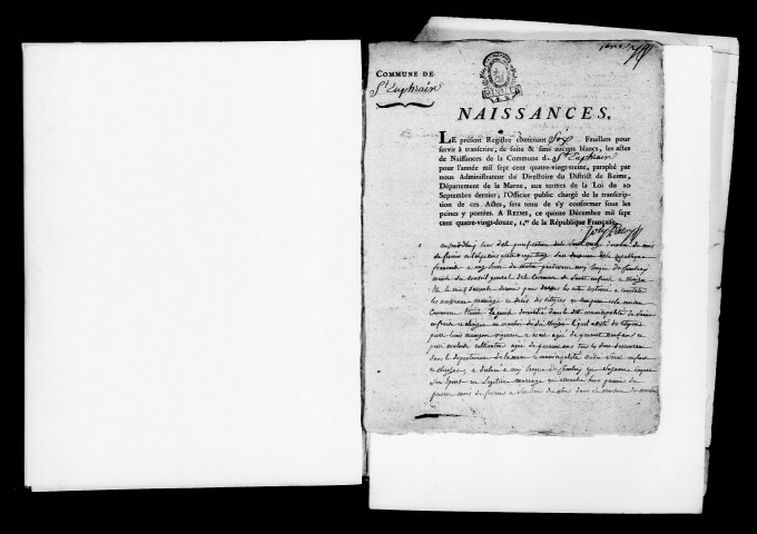 Saint-Euphraise-et-Clairizet. Naissances, mariages, décès, publications de mariage 1793-an X