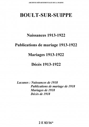 Boult-sur-Suippe. Naissances, publications de mariage, mariages, décès 1913-1922