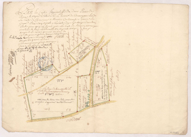 Plan et carte figurative de deux pièces de terre et vigne situé sur le terroir de Cormoyeux et Romery lieudit La Sente de Cormoyeux à Romery, 1759.