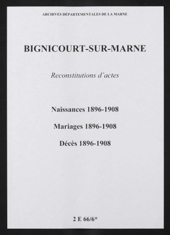 Bignicourt-sur-Marne. Naissances, mariages, décès 1896-1908 (reconstitutions)