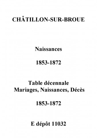 Châtillon-sur-Broué. Naissances et tables décennales des naissances, mariages, décès 1853-1872