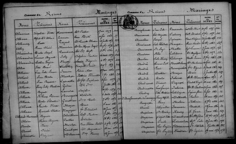 Reims. Table décennale. Mariages, décès 1853-1862