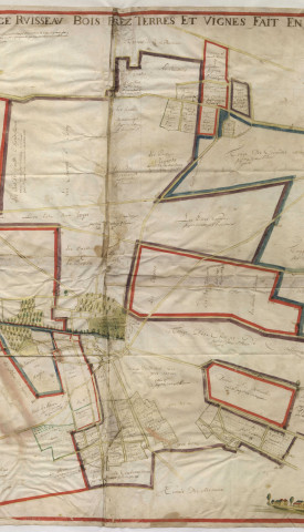 Plan du village de Bezannes, ruisseau, bois, prés, terres et vignes (1683)