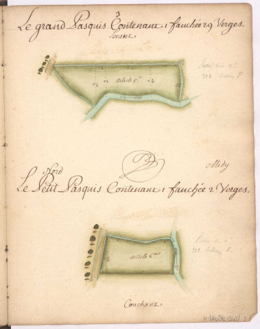 Cayet des plans et figures des prés de l'hotel Dieu de Sainte Manéhould, 1761. Plan n° 3 : le Grand Pasquis, le Petit Paquis.