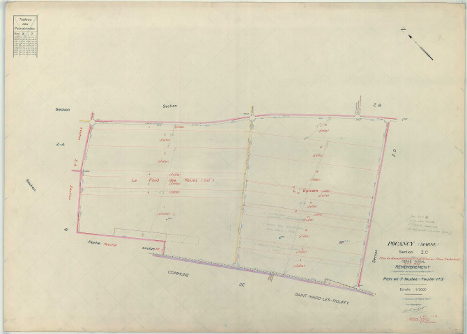 Pocancy (51435). Section ZC échelle 1/2000, plan remembré pour 1958, plan régulier (papier armé)