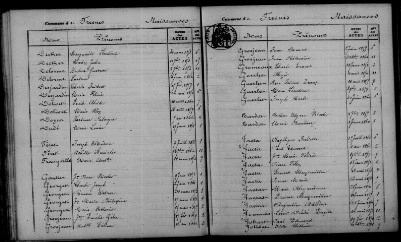 Fresnes. Table décennale 1853-1862