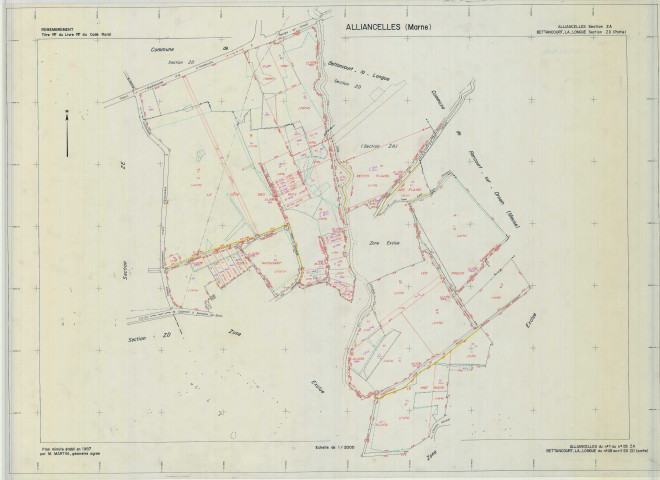 Bettancourt-la-Longue (51057). Section ZD1 échelle 1/2000, plan remembré pour 1987 (extension sur Alliancelles section ZA), plan régulier (calque)