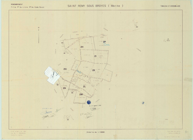 Saint-Remy-sous-Broyes (51514). Tableau d'assemblage échelle 1/10000, plan remembré pour 01/01/1994 (papier)