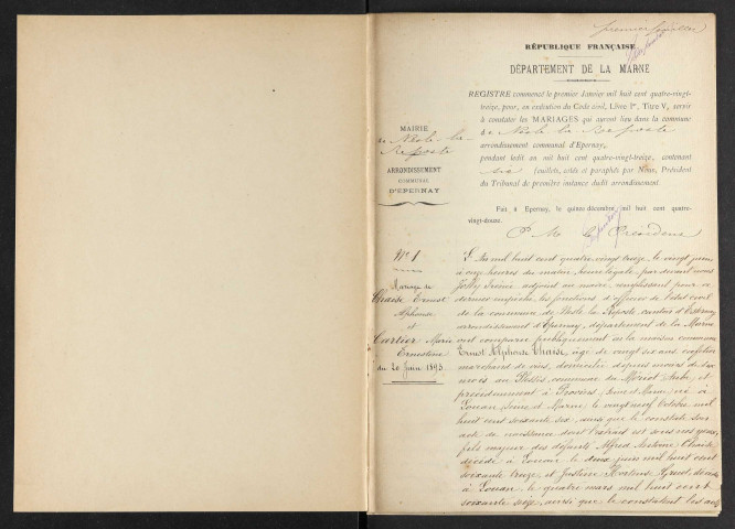 Nesle-la-Reposte. Mariages 1893-1929