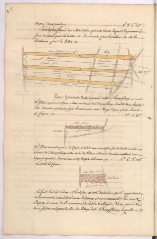 Plans de pièces de terres situées à Champfleury lieux-dits la fosse aux fromages, les hauts clos, au montisset (1780), Villain