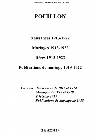 Pouillon. Naissances, mariages, décès, publications de mariage 1913-1922