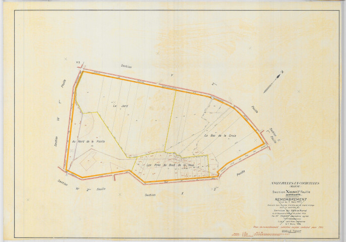 Angluzelles-et-Courcelles (51010). Section X3 échelle 1/2000, plan remembré pour 01/01/1956, régulier avant 20/03/1980 (papier)