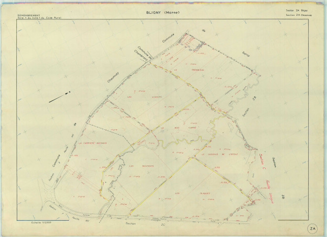 Bligny (51069). Section ZA échelle 1/2000, plan remembré pour 1971, contient une extension sur ChaumuzyZA, plan régulier (papier armé).