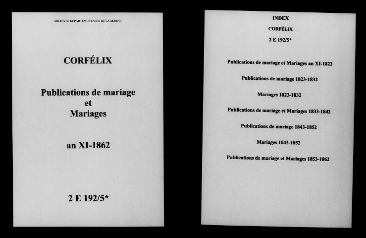 Corfélix. Publications de mariage, mariages an XI-1862