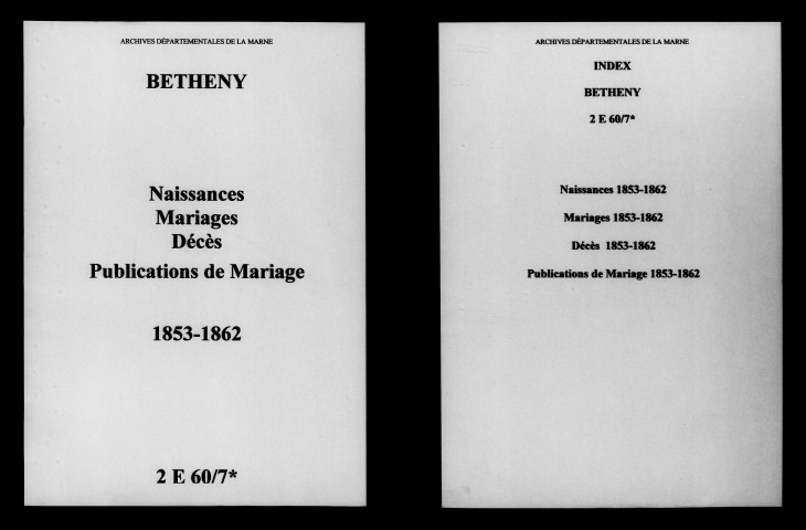Bétheny. Naissances, mariages, décès, publications de mariage 1853-1862