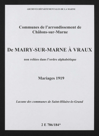 Communes de Mairy-sur-Marne à Vraux de l'arrondissement de Châlons. Mariages 1919